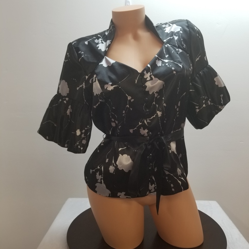 J.R. Nites Satin Blouse Button Black Floral